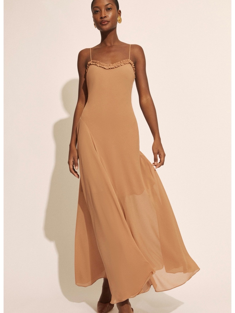 Bardot Tan Ruffle-Trim Spaghetti Strap Maxi Dress